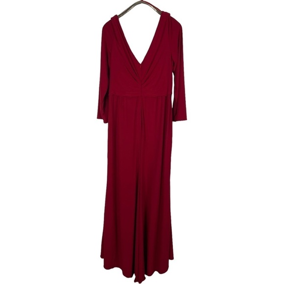 LA FEMME 29044 RED LONG SLEEVE STRETCH FAUX WRAP SURPLICE THIGH HIGH SLIT GOWN - Picture 4 of 14